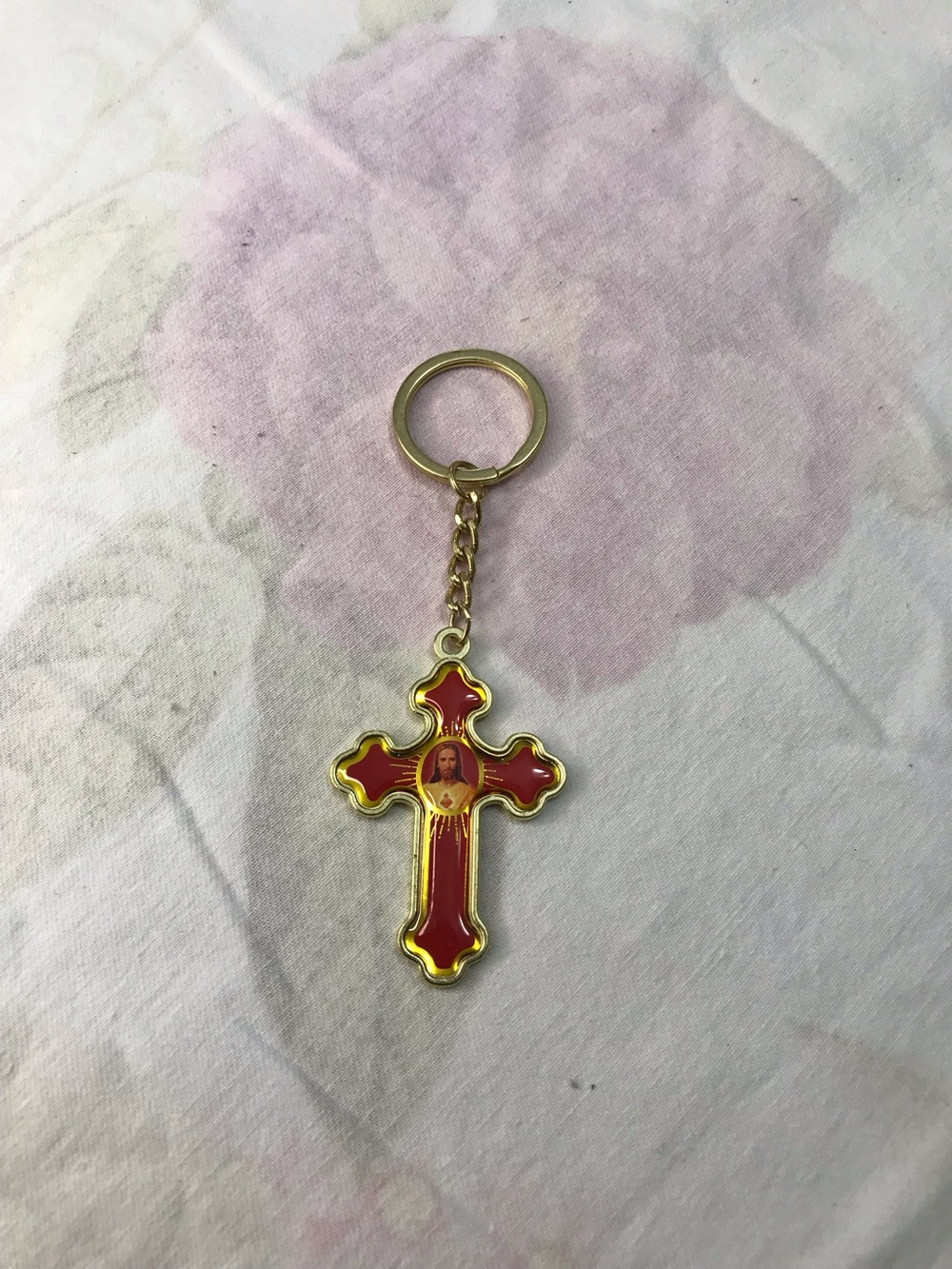 Gold Tone Red Enamel Sacred Heart of Jesus Keychain